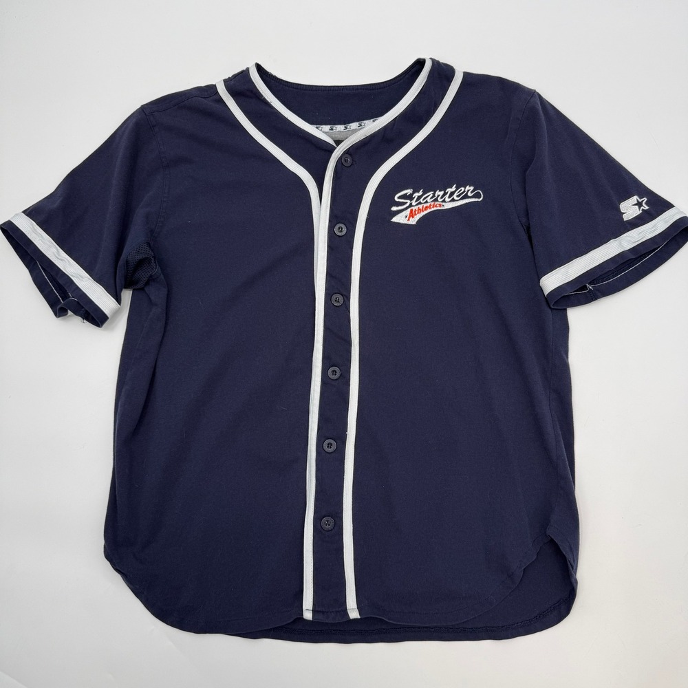 Starter Mens Medium Baseball Jersey Navy Blue Embroidered Logo Button Up Trim